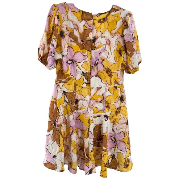 Nine West v-neck L golden yellow puff sleeve above the knee dress lined floral - Picture 2 of 11